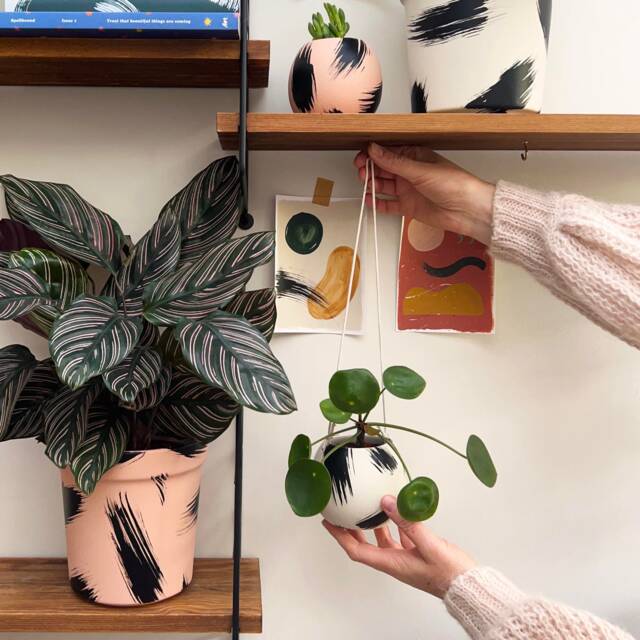 Round Brush Strokes Hand Painted Ceramic Hanging Planter/Indoor Plant Pot Eclectic Design Monochrome Decor - image 1