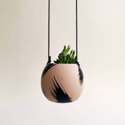 Round Brush Strokes Hand Painted Ceramic Hanging Planter/Indoor Plant Pot Eclectic Design Monochrome Decor - thumbnail 2
