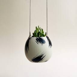 Round Brush Strokes Hand Painted Ceramic Hanging Planter/Indoor Plant Pot Eclectic Design Monochrome Decor - thumbnail 3