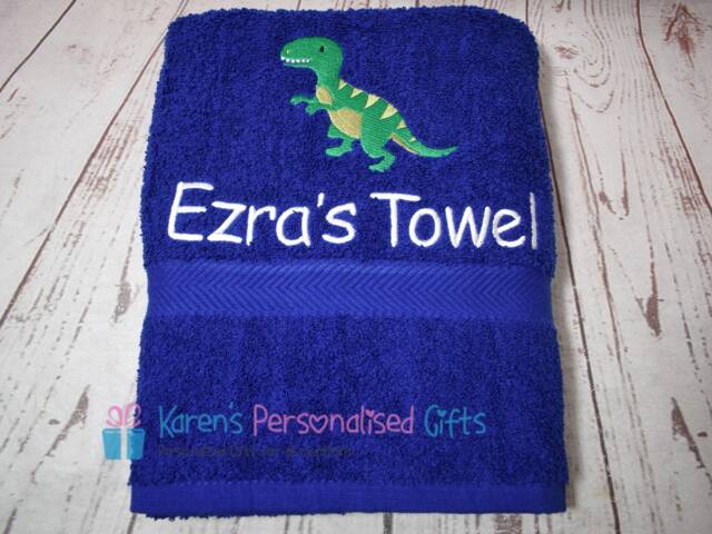 Personalised Kids Bath Towel, Royal Blue, Dinosaur Children's Swim Embroidered - Choice Of Colours - image 1