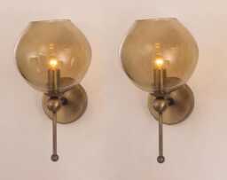 Set Of 2 Murano Smoky Bronze Glass Wall Lamps, Handmade Blown Organic Sphere With Brass Structure, Made in Italy Deco Design Lamp - thumbnail 1