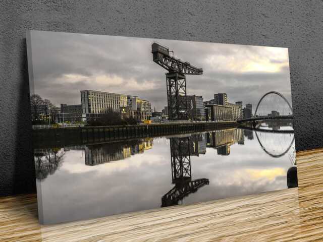 View Of Clyde River, Scotland, United Kingdom, Reflections Yellow Lights, Sunset, Museum , United Mounted Canvas Wall Art Print - image 1