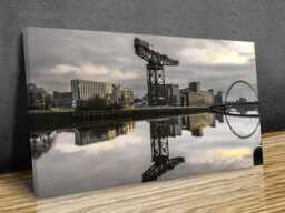 View Of Clyde River, Scotland, United Kingdom, Reflections Yellow Lights, Sunset, Museum , United Mounted Canvas Wall Art Print