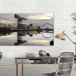 View Of Clyde River, Scotland, United Kingdom, Reflections Yellow Lights, Sunset, Museum , United Mounted Canvas Wall Art Print - thumbnail 3