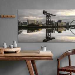 View Of Clyde River, Scotland, United Kingdom, Reflections Yellow Lights, Sunset, Museum , United Mounted Canvas Wall Art Print - thumbnail 2
