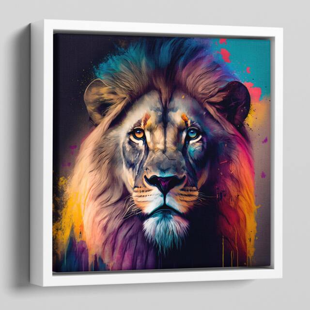 Lion Picture On Canvas in Colourful Bright Vibrant Colours - Framed A Floating Frame - image 1