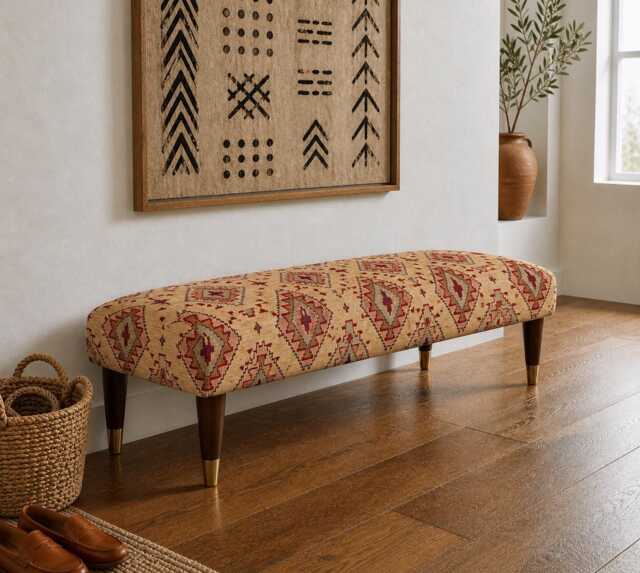 Handmade Upholstered Ottoman Seated Bench - African Tribal Kilim Chenille Jacquard Cream - image 1