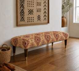 Handmade Upholstered Ottoman Seated Bench - African Tribal Kilim Chenille Jacquard Cream - thumbnail 1