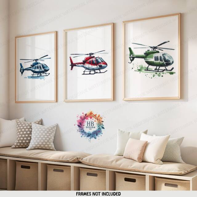 Helicopter Wall Art Prints - Set Of 3 - Boys Bedroom Decor Aircraft A3/A4 Artwork Watercolor Style Kid Nursery Poster Aviation Gifts - image 1
