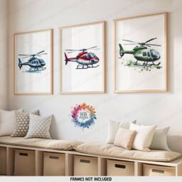 Helicopter Wall Art Prints - Set Of 3 - Boys Bedroom Decor Aircraft A3/A4 Artwork Watercolor Style Kid Nursery Poster Aviation Gifts - thumbnail 1
