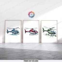 Helicopter Wall Art Prints - Set Of 3 - Boys Bedroom Decor Aircraft A3/A4 Artwork Watercolor Style Kid Nursery Poster Aviation Gifts - thumbnail 2