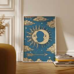 Celestial Sun & Moon Poster - Vintage Alchemical Art Print Mystical Blue & Gold Tarot Wall Decor - thumbnail 2