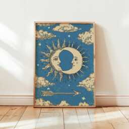 Celestial Sun & Moon Poster - Vintage Alchemical Art Print Mystical Blue & Gold Tarot Wall Decor - thumbnail 1
