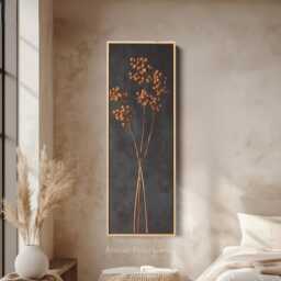 Vintage Wild Flowers Vertical Canvas Wall Art - Golden Botanical Skinny Print On Blue For Bedroom, Hallway, Living Room Or Office Walls - thumbnail 1