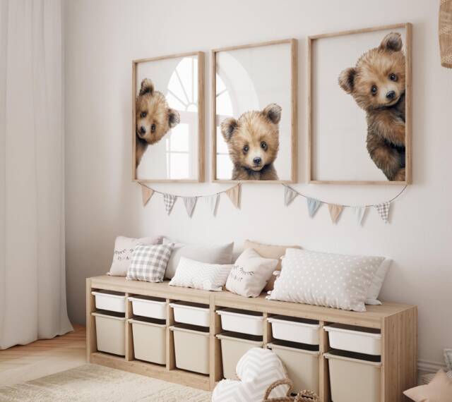 Peeking Bear Nursery Print, Peekaboo Decor, Neutral Baby Wall Art, Woodland Digital Prints - image 1