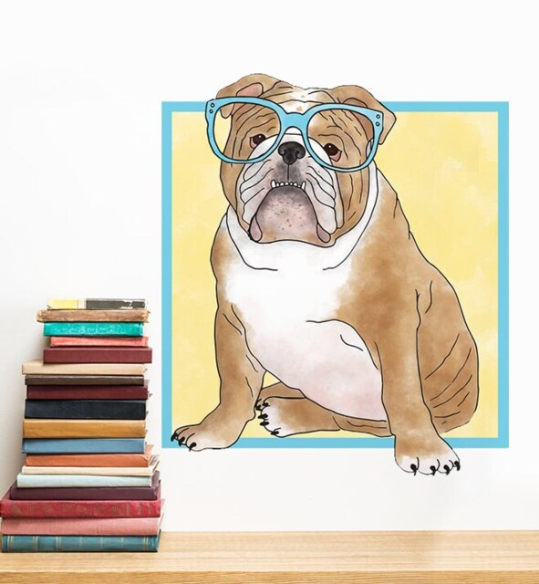 English Bulldog With Glasses Wall Sticker Decal - Dogs & Pets Stickers, Art, Decals, Kids Animals Decals