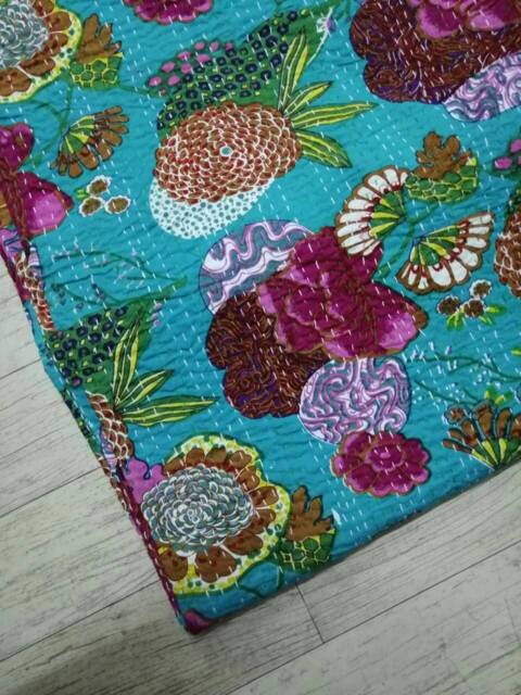 Fruit Print New Indian Beautiful Floral Kantha Quilt, Bedspread Blanket Coverlet Perfect Bed Matching Throw Size Multi - image 1