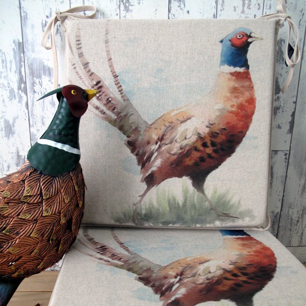 Pheasant Print Square Chair Pads, Reversible Bistro Seat Cushion Set - image 1