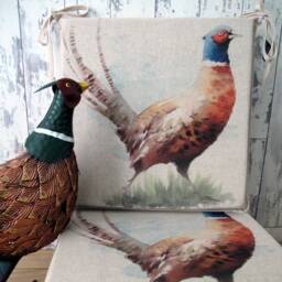 Pheasant Print Square Chair Pads, Reversible Bistro Seat Cushion Set - thumbnail 1