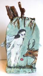 Ceramic Sculpture Fine Art Large Angel Bear Trees Handmade Hand Painted Turquoise