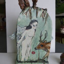 Ceramic Sculpture Fine Art Large Angel Bear Trees Handmade Hand Painted Turquoise - thumbnail 3