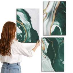 3 Piece Canvas Set - Paint Patterns in Green & White, Wall Art Canvas, Abstract Decor - thumbnail 3
