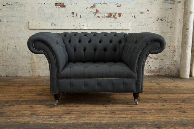 British Handmade 1.5str Charcoal Grey Herringbone Wool Chesterfield Snuggle Armchair - image 1