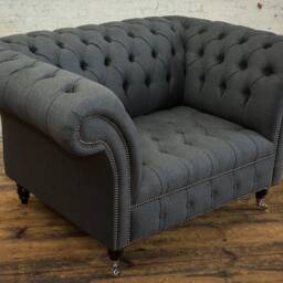 British Handmade 1.5str Charcoal Grey Herringbone Wool Chesterfield Snuggle Armchair - thumbnail 3