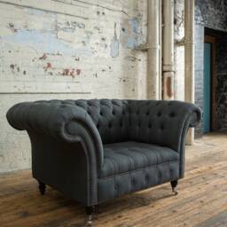 British Handmade 1.5str Charcoal Grey Herringbone Wool Chesterfield Snuggle Armchair - thumbnail 2