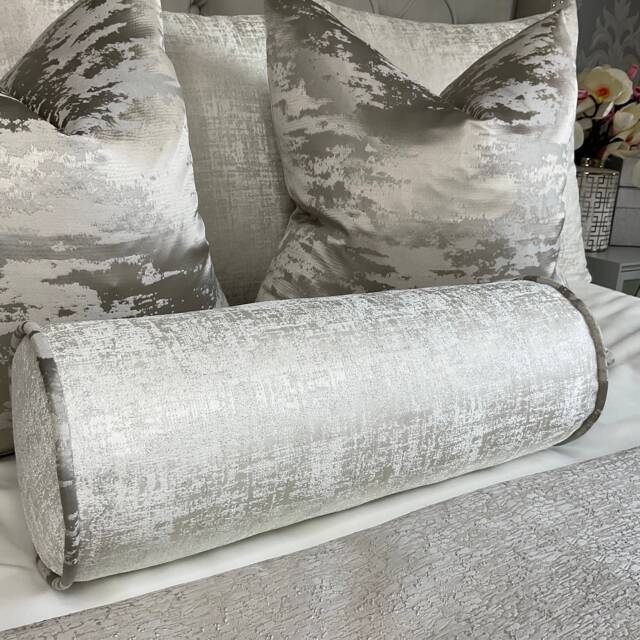 Handmade White Silver Bolster Pillow, Bed Cushion/Textured Luxury Fabric, Grey Piping Amelie - image 1