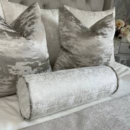 Handmade White Silver Bolster Pillow, Bed Cushion/Textured Luxury Fabric, Grey Piping Amelie - thumbnail 3