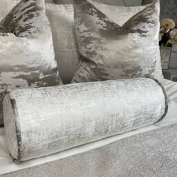 Handmade White Silver Bolster Pillow, Bed Cushion/Textured Luxury Fabric, Grey Piping Amelie