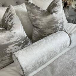 Handmade White Silver Bolster Pillow, Bed Cushion/Textured Luxury Fabric, Grey Piping Amelie - thumbnail 2
