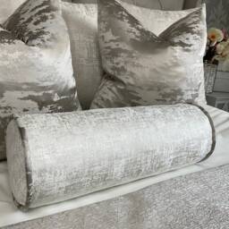 Handmade White Silver Bolster Pillow, Bed Cushion/Textured Luxury Fabric, Grey Piping Amelie - thumbnail 4