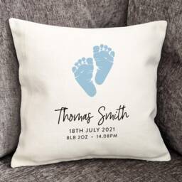 Personalised Baby Footprint Cushion Cover New Boy Gift - thumbnail 2