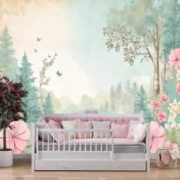 Magic Forest & Flowers Wall Mural Fairy Wood Kids Wallpaper Customizable Nursery Removable Forest Wall Decals For Girl - thumbnail 2