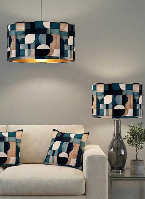 Handmade By Order Teal Blue Wooden Retro Geometric Abstract Print Velvet Drum Lamp Shade Pendant Light All Shapes & Sizes Avail - image 1