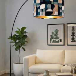 Handmade By Order Teal Blue Wooden Retro Geometric Abstract Print Velvet Drum Lamp Shade Pendant Light All Shapes & Sizes Avail - thumbnail 2