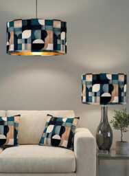 Handmade By Order Teal Blue Wooden Retro Geometric Abstract Print Velvet Drum Lamp Shade Pendant Light All Shapes & Sizes Avail