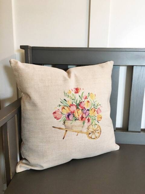 Linen Flower Pillow Cover Rustic Farmhouse Wheelbarrow Design - image 1