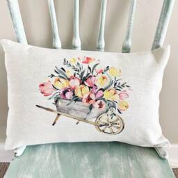 Linen Flower Pillow Cover Rustic Farmhouse Wheelbarrow Design - thumbnail 2