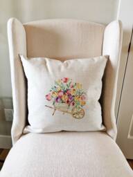 Linen Flower Pillow Cover Rustic Farmhouse Wheelbarrow Design - thumbnail 3