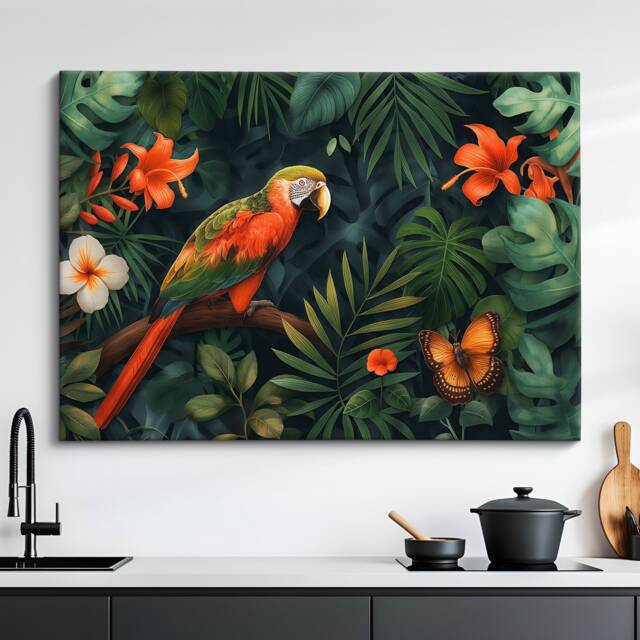 Vibrant Parrot & Butterfly in Lush Jungle - Stunning Canvas Art For Nature Lovers, Exotic Home Decor, Wall Art, Framed Print - image 1