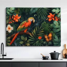 Vibrant Parrot & Butterfly in Lush Jungle - Stunning Canvas Art For Nature Lovers, Exotic Home Decor, Wall Art, Framed Print - thumbnail 1