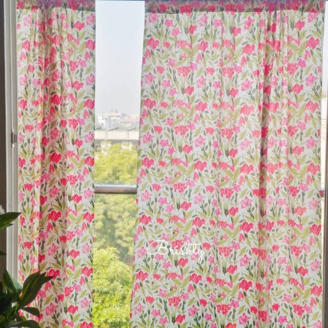Bright Pink & Green Floral Spring Summer Curtains, Light Airy Lively Yet Calming Cotton Drapes, Can Be Customized To Any Style - image 1