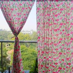 Bright Pink & Green Floral Spring Summer Curtains, Light Airy Lively Yet Calming Cotton Drapes, Can Be Customized To Any Style - thumbnail 3