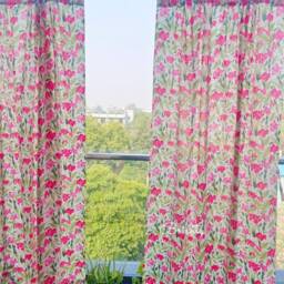 Bright Pink & Green Floral Spring Summer Curtains, Light Airy Lively Yet Calming Cotton Drapes, Can Be Customized To Any Style - thumbnail 2
