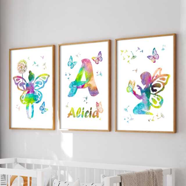 Personalized Watercolor Fairy Prints Girls Nursery Decor, Set Of 3 - image 1