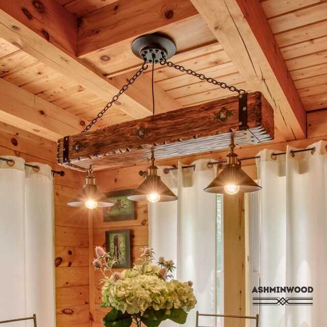 Rustic Wood Beam Chandelier With 3 Metal Shades - image 1