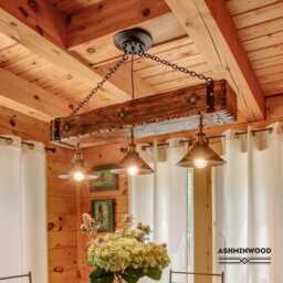 Rustic Wood Beam Chandelier With 3 Metal Shades - thumbnail 1